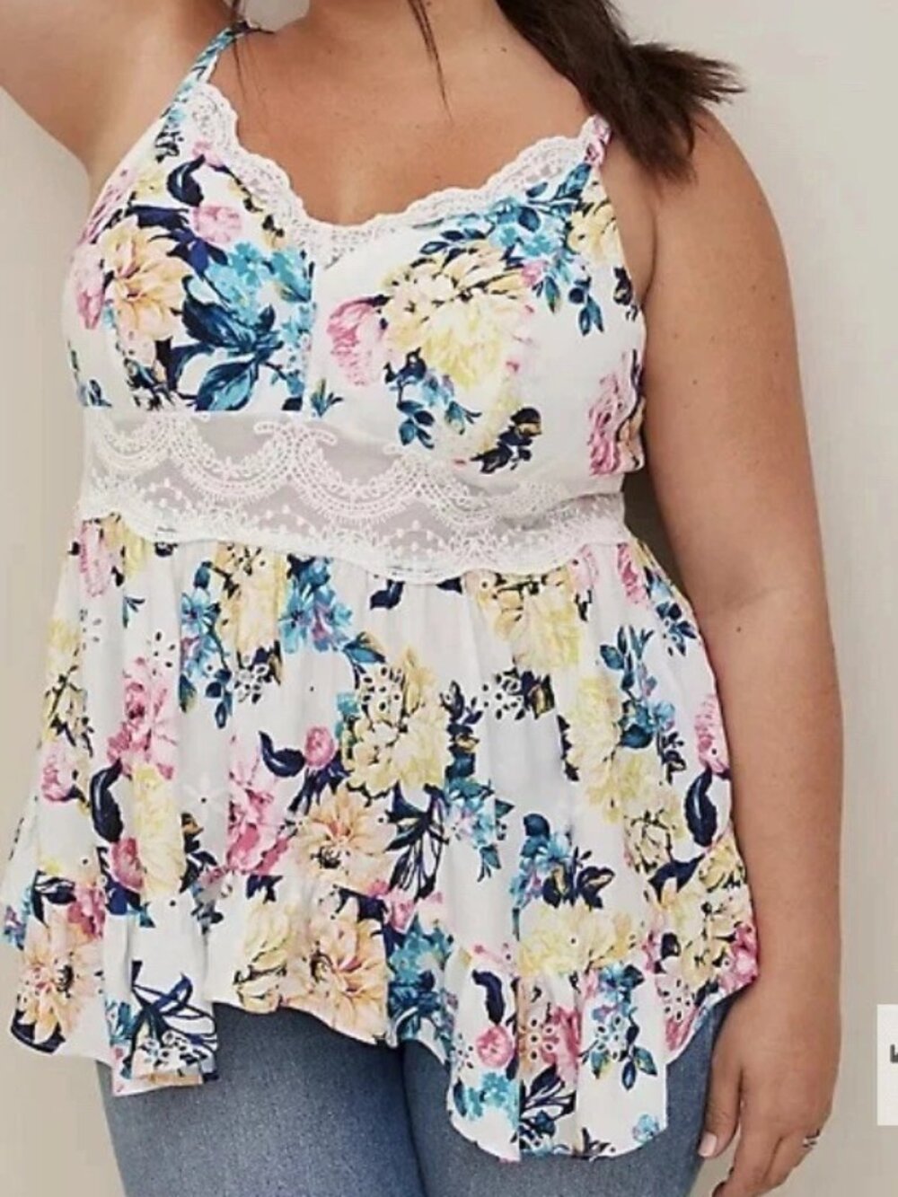 NWT - Torrid Size 3/3X/22-24 Babydoll Eyelet Cami Top with Lace inset in White F